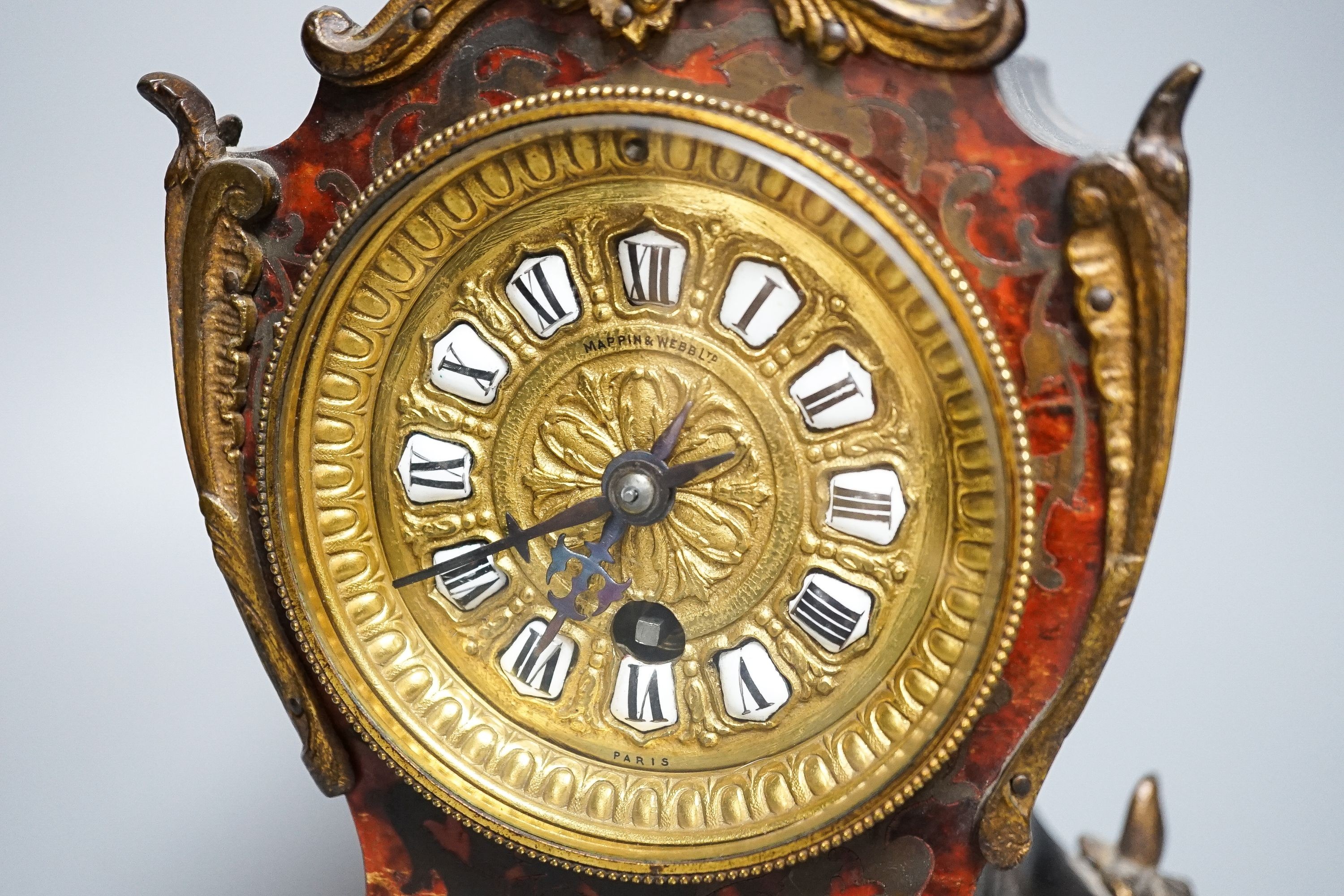 A 19th century French scarlet boullework mantel clock 30cm